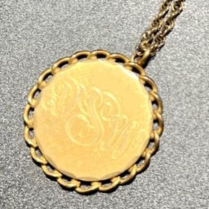 Vintage 1/20 12k Gold Plated Monogram Disc Necklace Round Pendant Twist Chain